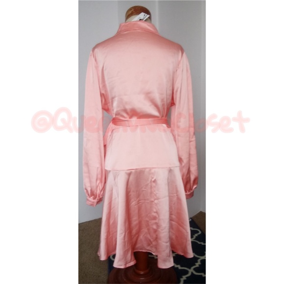 Peach pink coral satin wrap peplum flare dress 12 - Picture 4 of 6